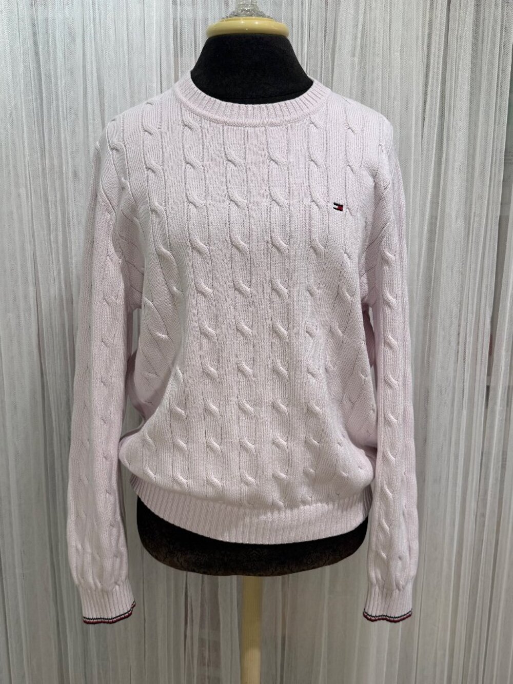 Tommy Hilfiger Women's Cable Knit Sweater Light Pink Crewneck Size L Preppy